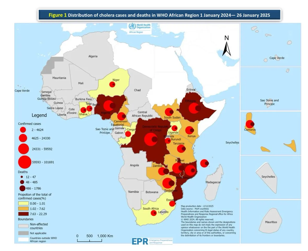 Map of cholera cases and deaths in Africa, January 2024 to January 2025, highlighting hardest-hit countries.