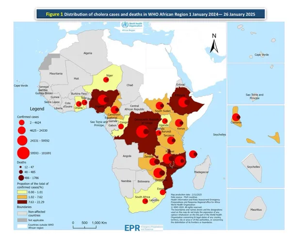 Map of cholera cases and deaths in Africa, January 2024 to January 2025, highlighting hardest-hit countries.